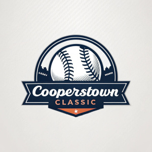 New logo design for Cooperstown Classic. A baseball graphic with sleek black outline and white accents. The text 'COOPERSTOWN CLASSIC' in bold, cursive font.