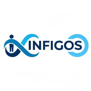 Logo design for INFIGOS. Modern and sleek logo featuring flowing blue shape and simple human figure. Clean contemporary design in blue color scheme.