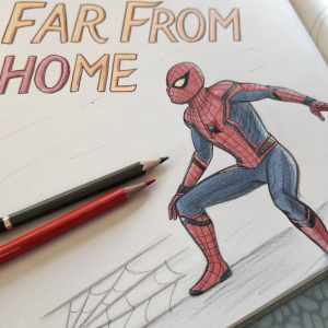 Concept art sketch of Spider-Man. 'Far From Home' title in bold, stylized font. Pencils on a white sketchpad.