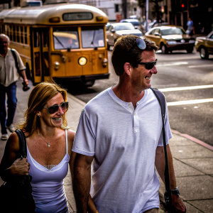 James Denton and Erin O'Brien Denton, walking down a busy city street. A vintage yellow bus passes by in the background.