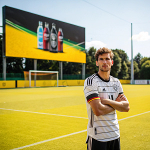 Leon Goretzka, German midfielder, posing confidently on a bright yellow soccer field. The background features a large advertisement board for a sports drink.