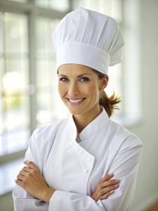 Caucasian young women chef in a chef's hat with arms crossed wears apron standing in restaurant kitchen and smiling