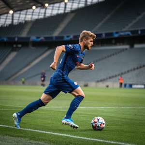 Timo Werner sprinting on an empty stadium field, dribbling a ball with intricate designs. He is clad in a blue jersey and matching socks, his cleats are uniquely styled. The stands are blurred, indicating motion.