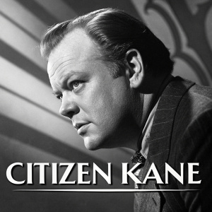 Movie poster for 'Citizen Kane'. Orson Welles in dramatic close-up. Black and white with bold text in elegant font.