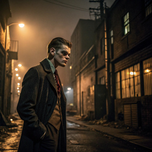Jerome Valeska, Gotham's villain, with a chilling gaze. Dark and gritty urban backdrop. Warm, sepia-toned lighting