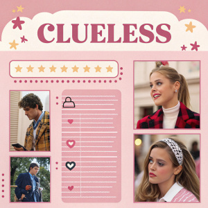 Infographic of 'Clueless' movie, pastel pink background, sections dedicated to main characters and plot elements, accompanied by vibrant visuals and Spanish text.