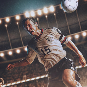 Erik Durm, German soccer player, wearing the Dortmund jersey with the number 15. Intense look, mid-play in a stadium under artificial lights. Blurred audience in the background.