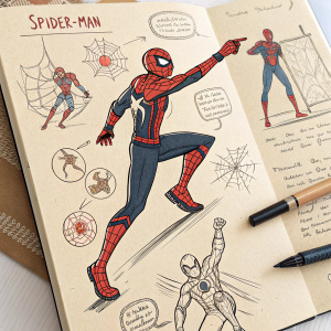 Hand-drawn illustration of Spider-Man in multiple dynamic poses. Detailed notes scattered around the sketches, offering insights into the design process.