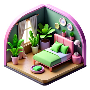 A cross-section of a bedroom interior with lots of plants