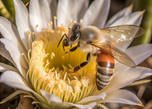 Imagen de una abeja  reina en dibujo en un flor de pitahaya roja al pie una frase (pithagro.lp)
