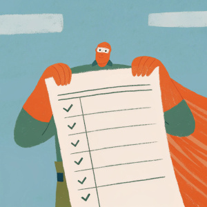 a worker-superhero is holding a paper with a plan, where we can see stages and ticks of them. The plan's heading is empty