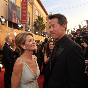 James Denton and Erin O'Brien mingle among the crowd at the SAG Awards. James in sharp black suit, Erin in elegant sleeveless dress. Bustling scene with banners and flash photography