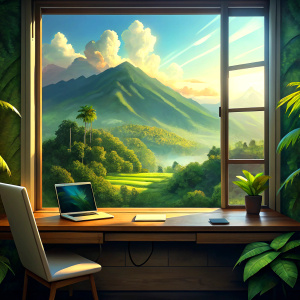 macbook standing by the window, beautiful view outside the window of Bali's rice terraces and volcano, clear sky outside the window