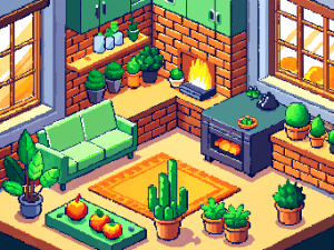 a clean livingroom. cozy fire and a lot of plants. main color orange