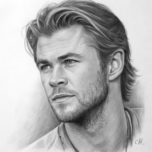 Chris Hemsworth, in a charcoal sketch. Posing with chiseled jawline, detailed facial features. The artwork is in grayscale, giving a realistic touch.