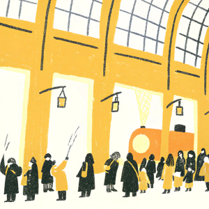 Crowded scene at the entrance of the Harry Potter shop, Platform 9 3/4, located in London.