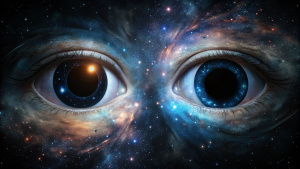 Black Hole Pupils: Eyes that contain black holes, pulling in the cosmos.
