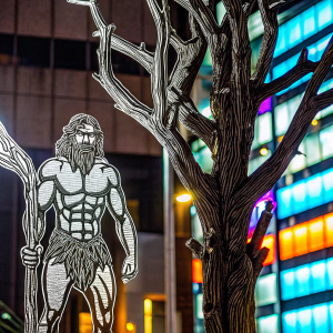 Render of Tarzan, muscular and bearded, standing beside a gnarled tree. Dark, hand-drawn style. Background fades to black, focusing on the character.