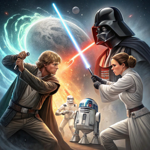 Promotional poster for Star Wars: Galactic Battle. Futuristic action-packed theme featuring Luke Skywalker, Princess Leia, Darth Vader, R2-D2, and stormtroopers amidst a light saber duel. Background showcases the dark side of the force with swirling cosmic elements.