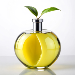 bottle of perfume in the shape of a bitten yellow apple, on a white background, front view