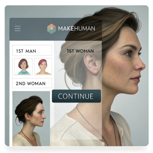 Screenshot of 'MakeHuman' software interface. Customization options for creating human models. Tabs for '1st Man', '1st Woman', and '2nd Woman'. Options include age, weight, hair color, skin tone, and hair type. 'Continue' button for advanced customization.