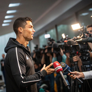 High-resolution image of Cristiano Ronaldo at the post-match press conference. Sporty casual wear, interacting with reporters.