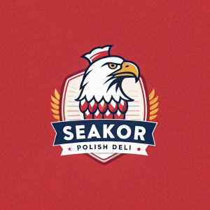 Stylized branding for SeaKor Polish Deli. Vibrant red background with eagle emblem and bold font