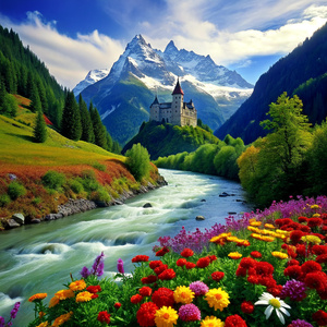 castle, glacier river and colorful flowers