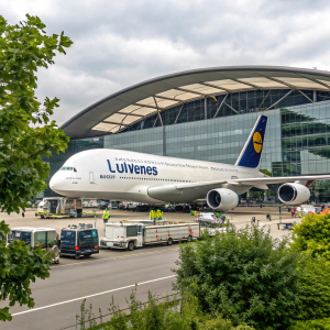 An Airbus A380-800 parked at London Heathrow Airport. Lufthansa's white and blue livery. Terminal 5 with its iconic curved roof. Numerous airport vehicles and workers in the background. Greenery and trees in front of the aircraft.