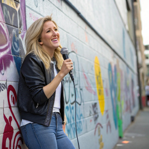 Ellie Goulding in a casual outfit, standing by a graffiti-covered wall. She has a warm smile and is holding a microphone.