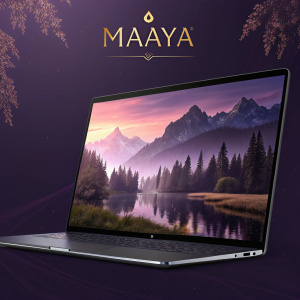 A sleek, futuristic 3D modeling software interface. The screen displays a serene landscape rendered in stunning detail. Dark purple background with 'Maaya' logo in gold font.