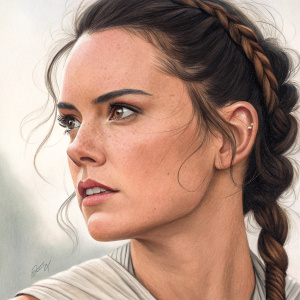 Daisy Ridley as Rey. Close-up, detailed painting style, focus on face and hairstyle