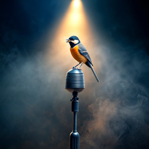 On stage, a little titmouse sits on top of a vintage microphone, illuminated by the spotlight