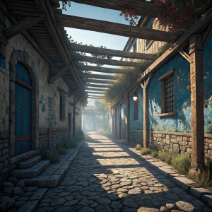 A detailed digital illustration of a cobblestone alley from Assassin's Creed Odyssey. Wooden beams and stone walls adorned with blue hues. Sunlight casts shadows, creating a dramatic atmosphere.