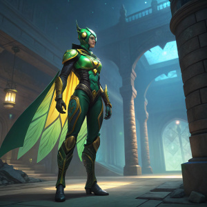 Echo, the Overwatch character, stands in Moth skin. Wears futuristic outfit with green and yellow hues, illuminated by soft, ambient lighting. Set in a cavernous, dimly lit hall with ancient stone pillars and a bluish hue. Architecturally detailed background with intricate designs.