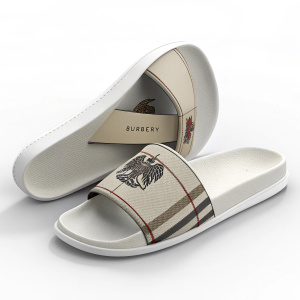 High-definition picture of Burberry slides. Stylish footwear against plain white background. Sleek design with Burberry logo