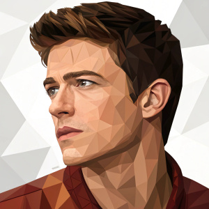 Grant Gustin's portrait. Abstract art, geometric shapes, pixelated style. Warm brown tones, close-up focus on face, modern art