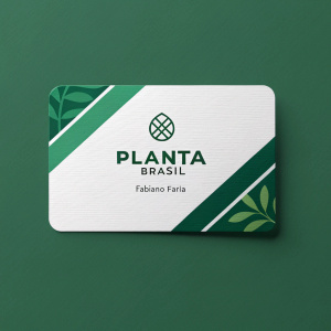 Business card for Planta Brasil. Features Fabiano Faria's name and logo. Modern design with green and white color scheme.