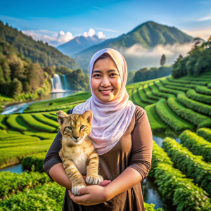Foto gadis arab mix jepang chuby cantik ekspresi senang membawa bayi liger perkebunan pohon teh 1 pohon sengon air terjun kecil landai air sungai jernih langit gunung biru cerah