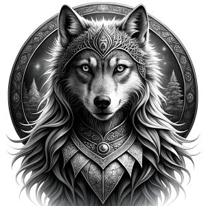 Nordic Godness Ylva She-Wolf - perfect realistic art, high-definition grey and black, white background tattoo design