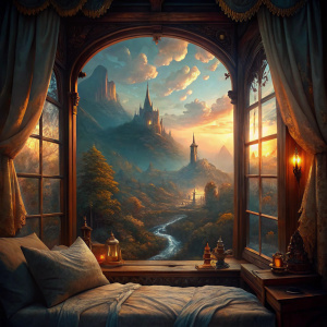  view from the window of a cozy bedroom, fantasy world witcher 3, photo