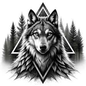 valknut runes pattern geometric symbols - wolf and trees - tattoo design - perfect realistic art - high-definition - grey and black - white background 