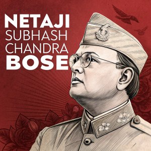 A vibrant digital tribute to Netaji Subhash Chandra Bose. Celebrating his legacy with a detailed portrait rendered in sketch style against a bold red background. The design incorporates modern sans-serif fonts to honor his enduring impact.