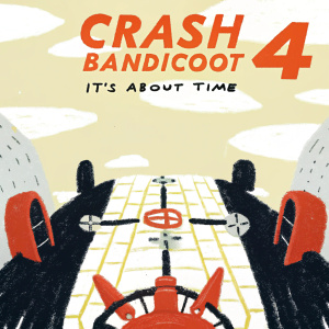 Promotional poster for Crash Bandicoot 4: It's About Time. Futuristic setting with vibrant green and metallic colors. Elevated perspective showcasing advanced machinery and architecture. Title displayed prominently at the top.
