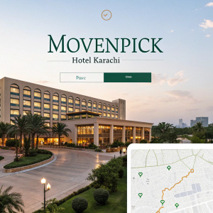 Movenpick Hotel Karachi's booking webpage. A scenic image of the hotel's entrance dominates the top. Below, detailed room descriptions and rates are listed. Interactive map highlights hotel location. Simple booking form.