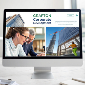 Website homepage of Grafton Corporate Development. Modern design, grid layout, bilingual text in English and Spanish. Showcase images of financial services and workforce solutions.