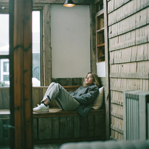 Kiernan Shipka, sitting on a rustic wooden bench inside a cozy cafe. She is wearing a casual outfit. The background is adorned with warm, textured wooden walls.