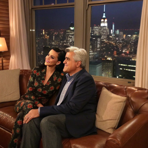 Katy Perry and Jay Leno in a cozy living room, sitting on a brown leather sofa, looking out at a bustling city skyline.