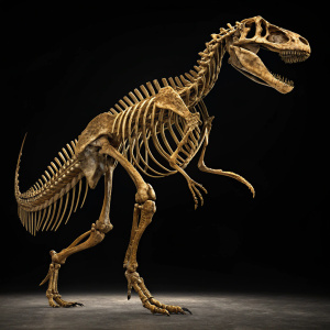 High-definition 3D render of an Acrocanthosaurus skeleton. Golden-brown bones highlighting the dinosaur's impressive size and structure. Set against a pitch-black background, the focus is entirely on the detailed skeletal framework, showcasing its long limbs and elongated tail.