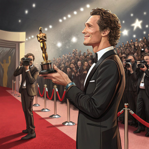 Matthew McConaughey accepting an award. Wearing black suit. Large crowd and red carpet in background.